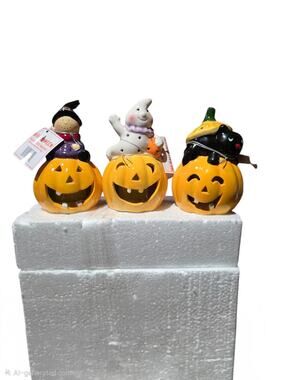NEW Mr. Halloween 3 Ceramic Jack O Lantern Tea Light Holders Witch Ghost Cat